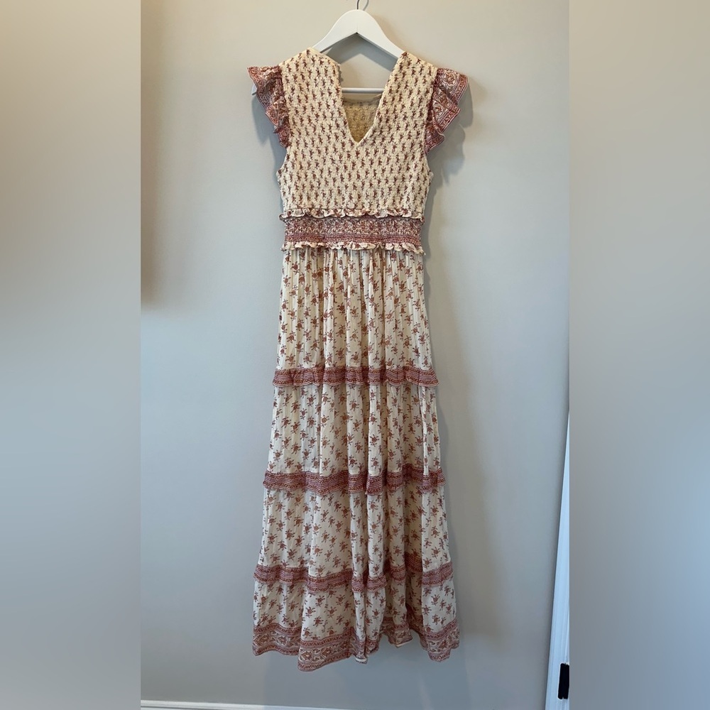 Saylor Hal Dress Tiered Midi Maxi Floral Pink White Cotton Sundress Resortwear - Picture 11 of 13